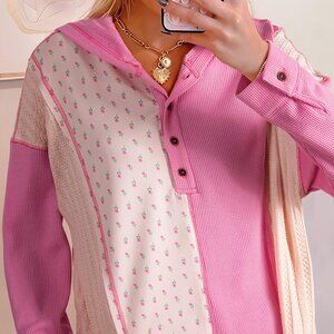 B294 Pink Mixed Texture Waffle Floral Patchwork Hooded Oversized Pullover